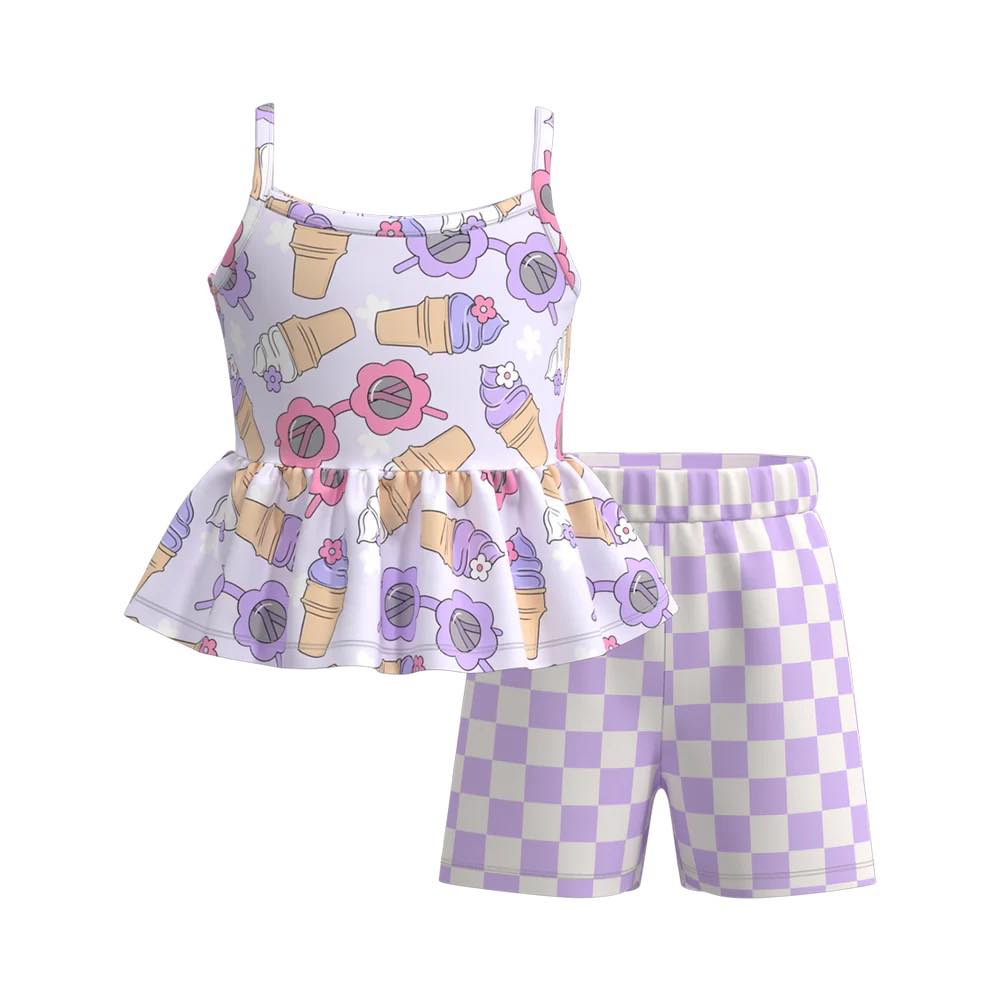 (Custom Design Preorder MOQ 5) Ice Cream Top Purple Plaid Shorts Girls Summer Clothes Set