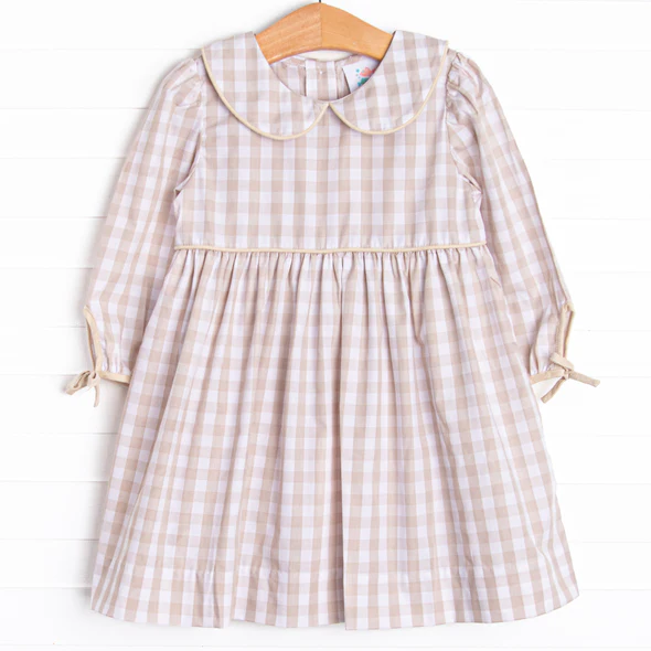 (Custom Design Preorder MOQ 5 ) Khaki Plaid Print Girls Fall Knee Length Dress