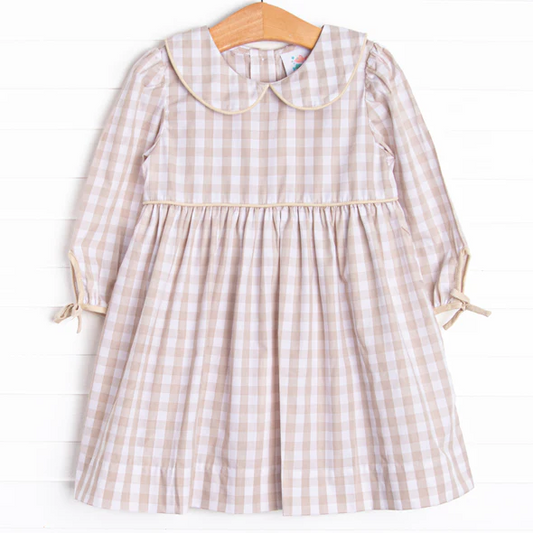 (Custom Design Preorder MOQ 5 ) Khaki Plaid Print Girls Fall Knee Length Dress