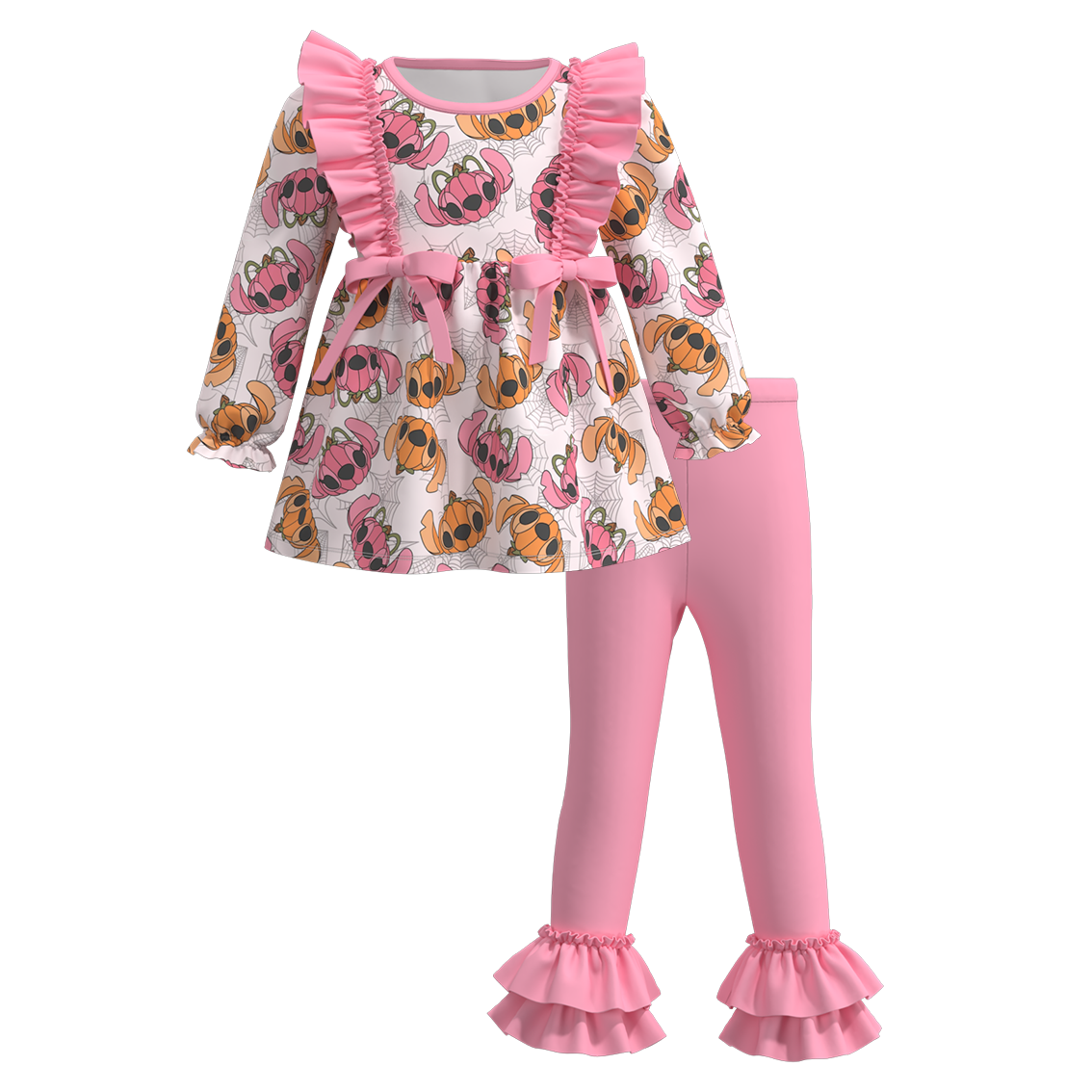 (Custom Design Preorder MOQ 5) Cartoon Pumpkin Tunic Top Pink Pants Girls Halloween Clothes Set