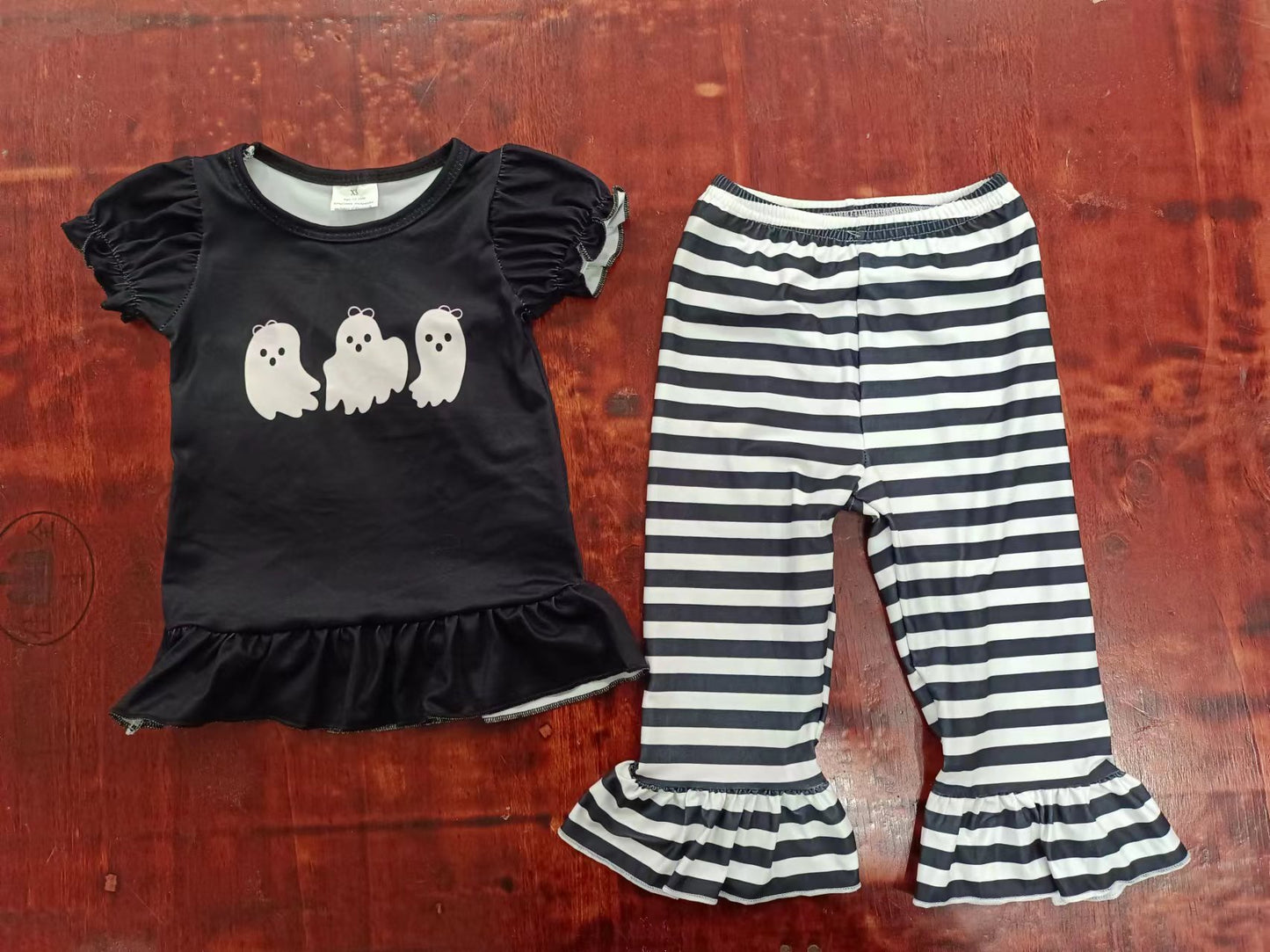 (Custom Design Preorder MOQ 5) Ghost Black Top Stripes Pants Girls Halloween Clothes Set