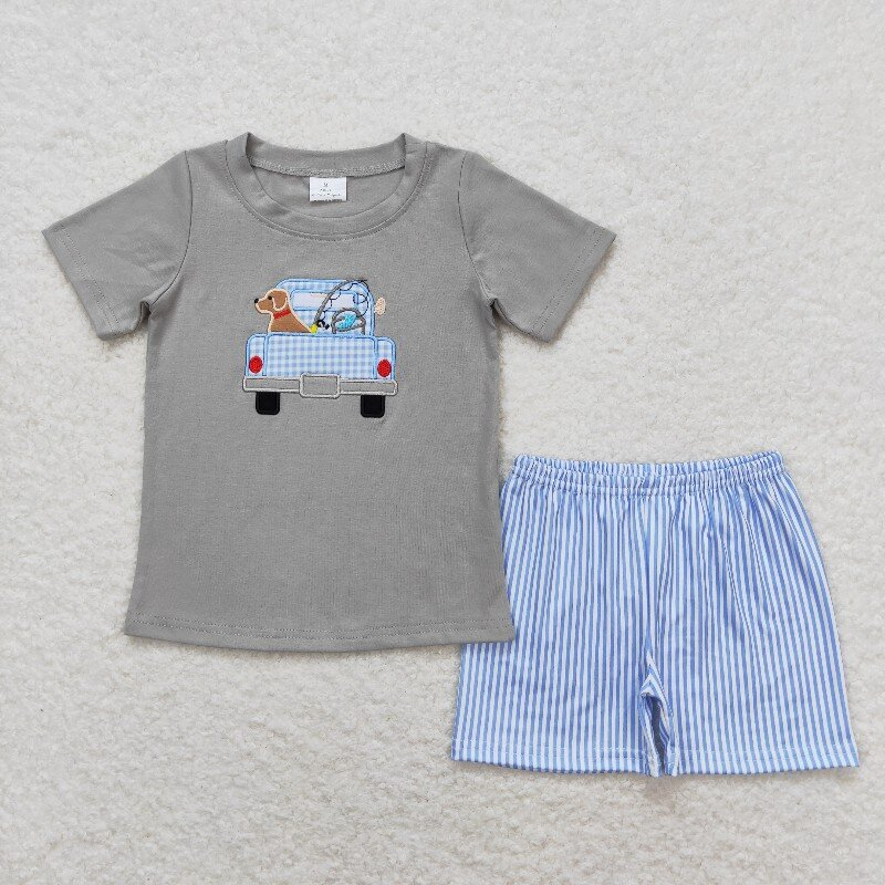Dog Truck Embroidery Stripes Print Brothers Summer Matching Clothes