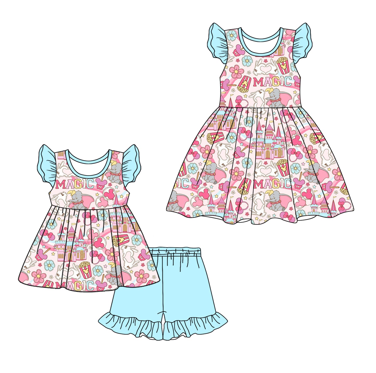 12.9(Custom Design Preorder MOQ 5 Each Design) MAGIC Cartoon Flowers Print Girls Summer Matching Clothes Sisters Wear