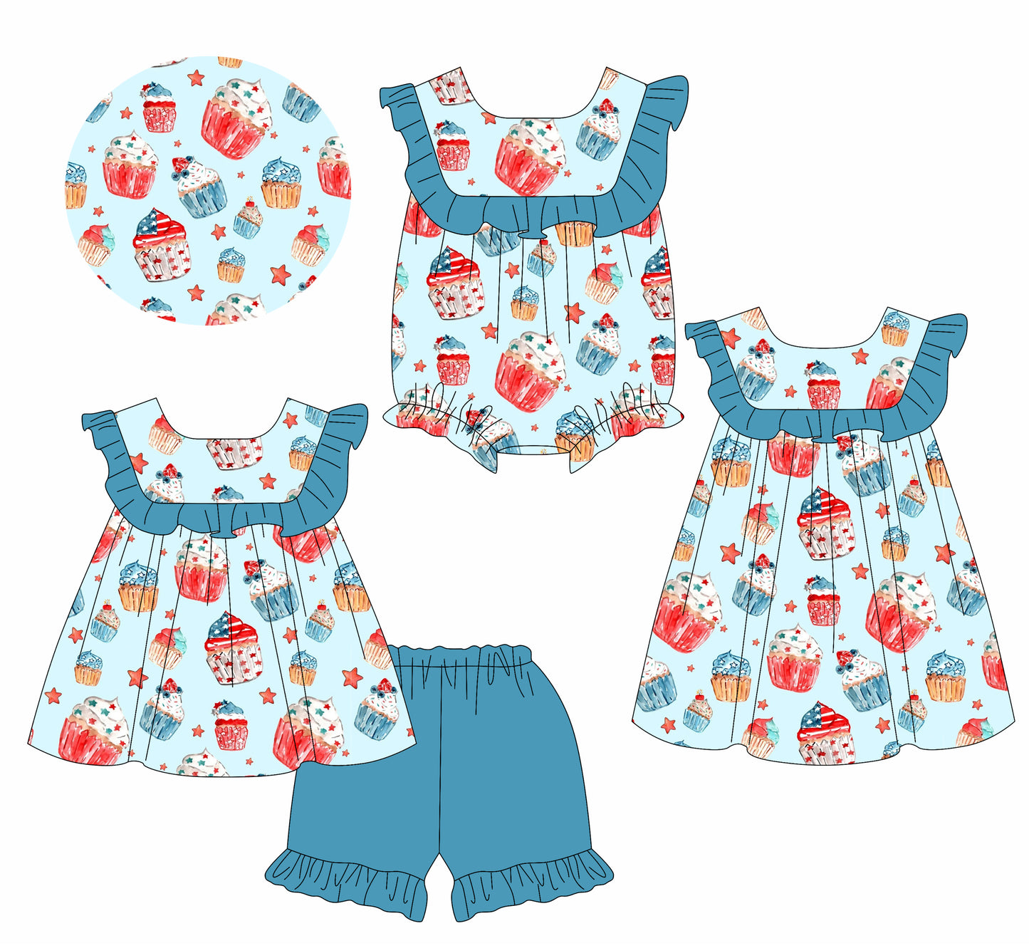 3.31(Custom Design Preorder MOQ 5 Each Design) Cake Stars Print Girls 4th of July Matching Clothes Sisters Wear