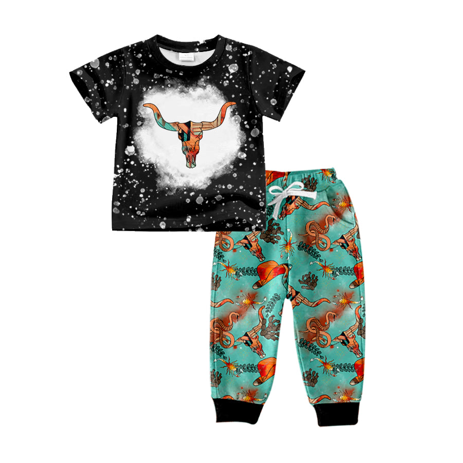(Custom Design Preorder MOQ 5) Cow Skull Top Green Pants Boys Western Clothes Set