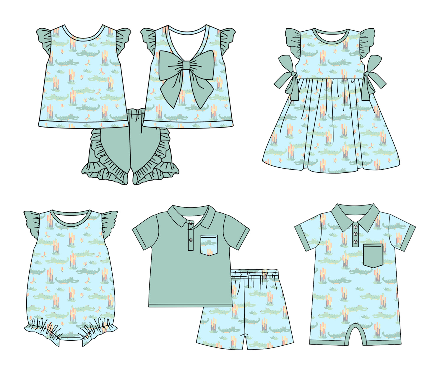 11.18(Custom Design Preorder MOQ 5 Each Design) Crocodile Print Kids Summer Matching Clothes Sibling Wear
