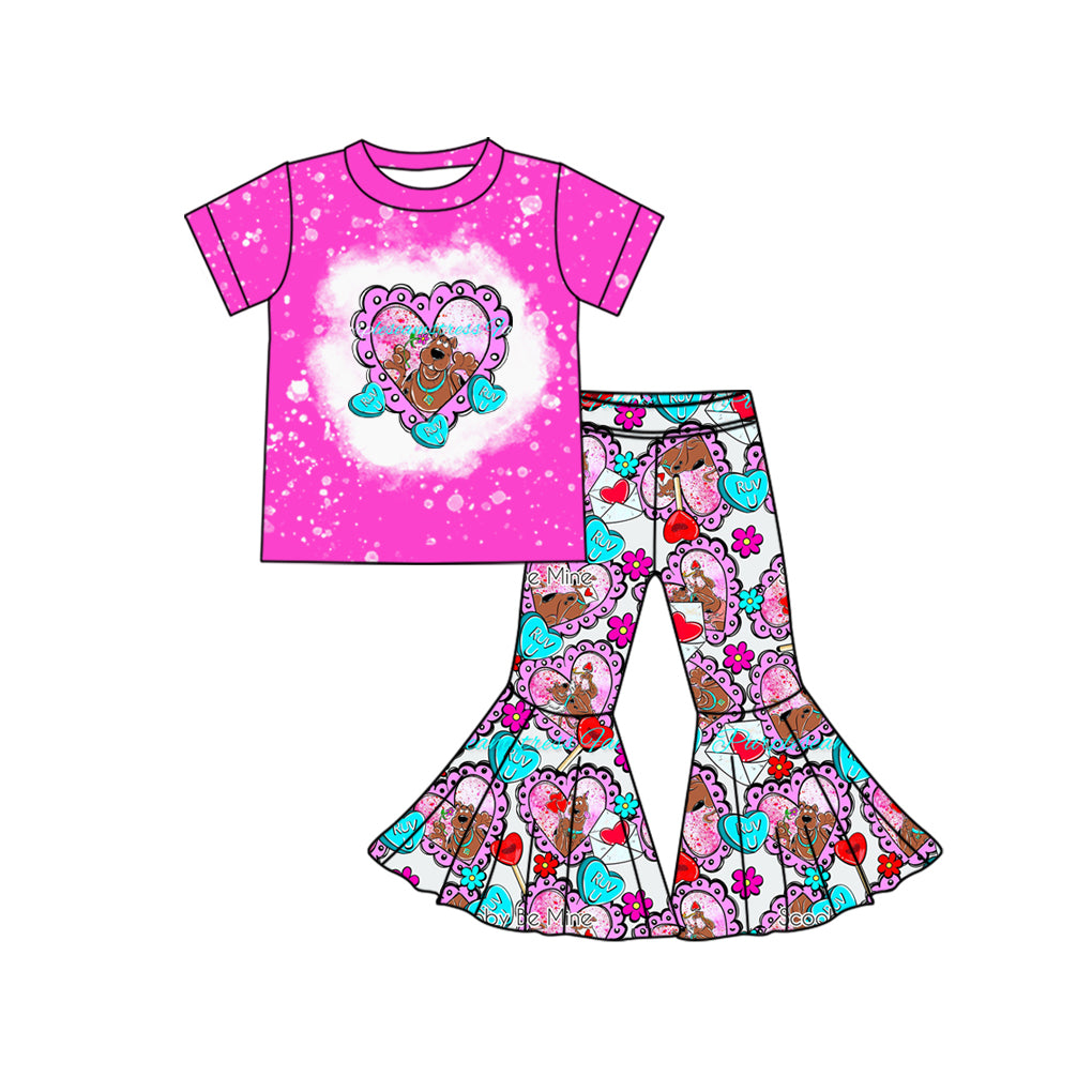 (Custom Design Preorder MOQ 5) Cartoon Dog Heart Pink Top Bell Pants Girls Valentine's Day Clothes Set