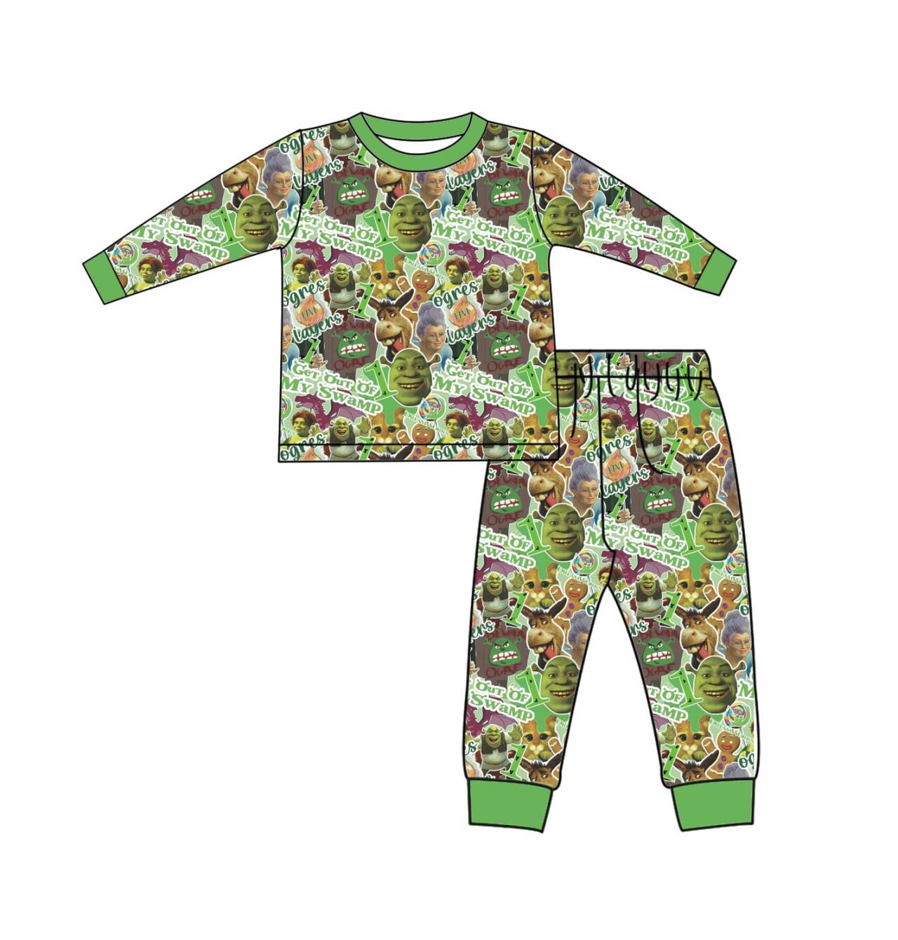 (Custom Design Preorder MOQ 5) Cartoon Monster Green Print Kids Christmas Pajamas Clothes Set