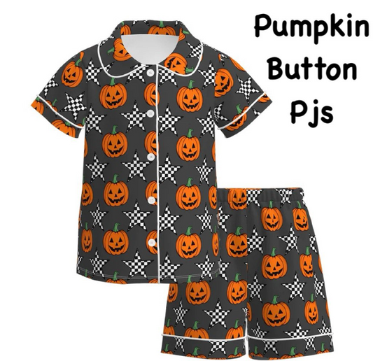 (Custom Design Preorder MOQ 5 Each Design) Pumpkin Stars Print Halloween Buttons Pajamas Sets Mom and Me Matching Clothes