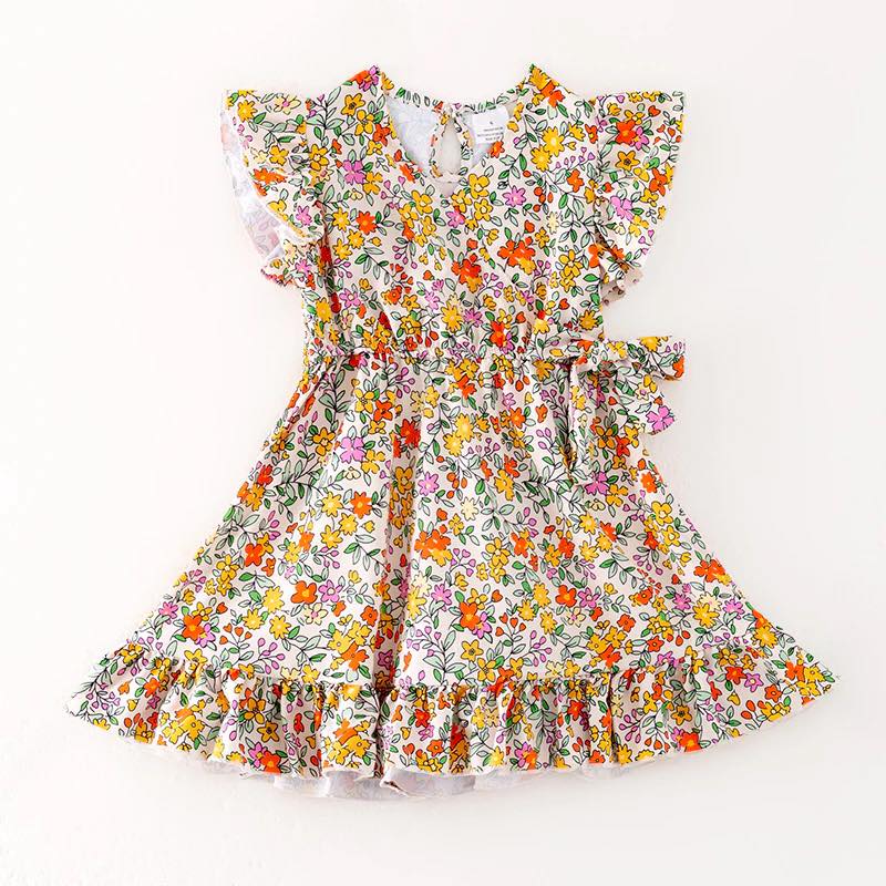 (Custom Design Preorder MOQ 5) Yellow Flowers Print Girls Summer Knee Length Dress