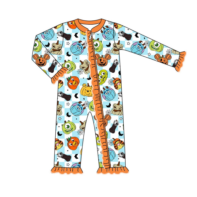 (Custom Design Preorder MOQ 20) Cartoon Figure Pumpkin Print Baby Girls Bamboo Halloween Sleeper Zipper Romper