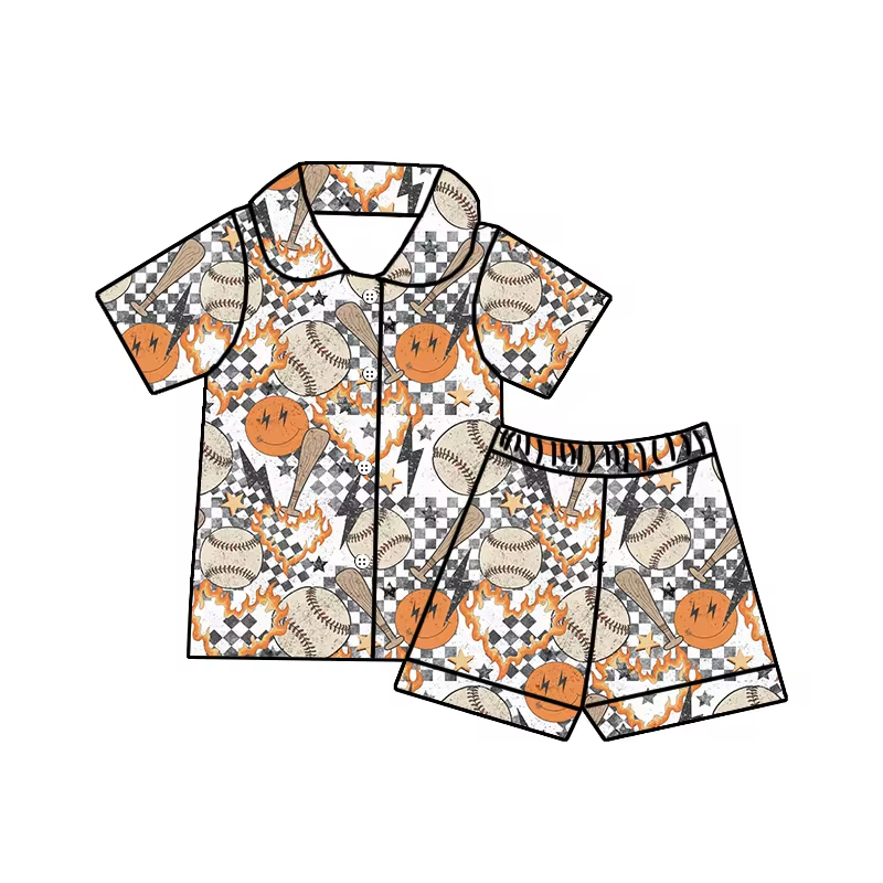 (Custom Design Preorder MOQ 5) Baseball Smiling Face Print Boys Summer Pajamas Clothes Set