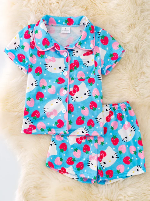 (Custom Design Preorder MOQ 5) Cartoon Cats Bows Blue Print Girls Summer Pajamas Clothes Set