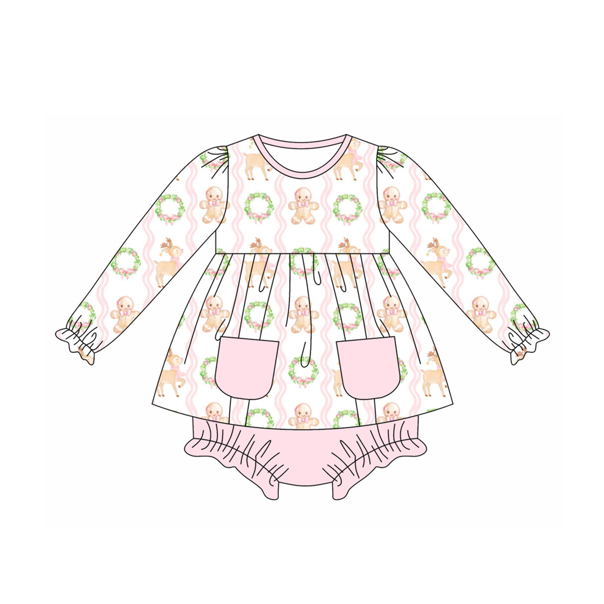 (Custom Design Preorder MOQ 5) Gingerbread Tunic Top Pink Shorts Baby Girls Christmas Bummie Sets