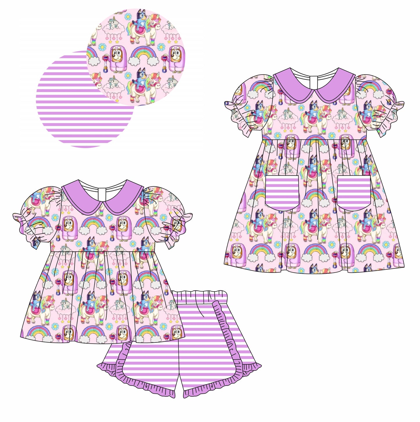 11.13(Custom Design Preorder MOQ 5 Each Design) Cartoon Dog Rainbow Print Girls Summer Matching Clothes Set Sisters Wear