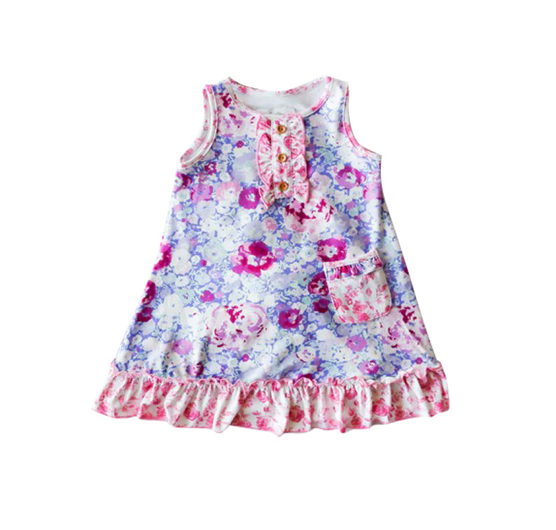 (Custom Design Preorder MOQ 5) Purple Flowers Print Girls Knee Length Summer Dress