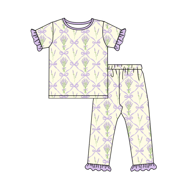 (Custom Design Preorder MOQ 20) Lavender Bows Print Girls Bamboo Pajamas Clothes Set