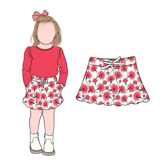 (Custom Design Preorder MOQ 5) Red Top Flowers Shorts Skirts Girls Clothes Set