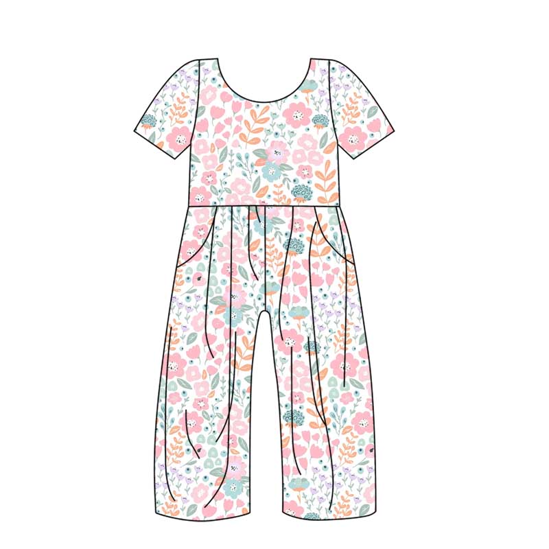(Custom Design Preorder MOQ 5) Pink Flowers Leaf Print Girls Pockets Jumpsuits