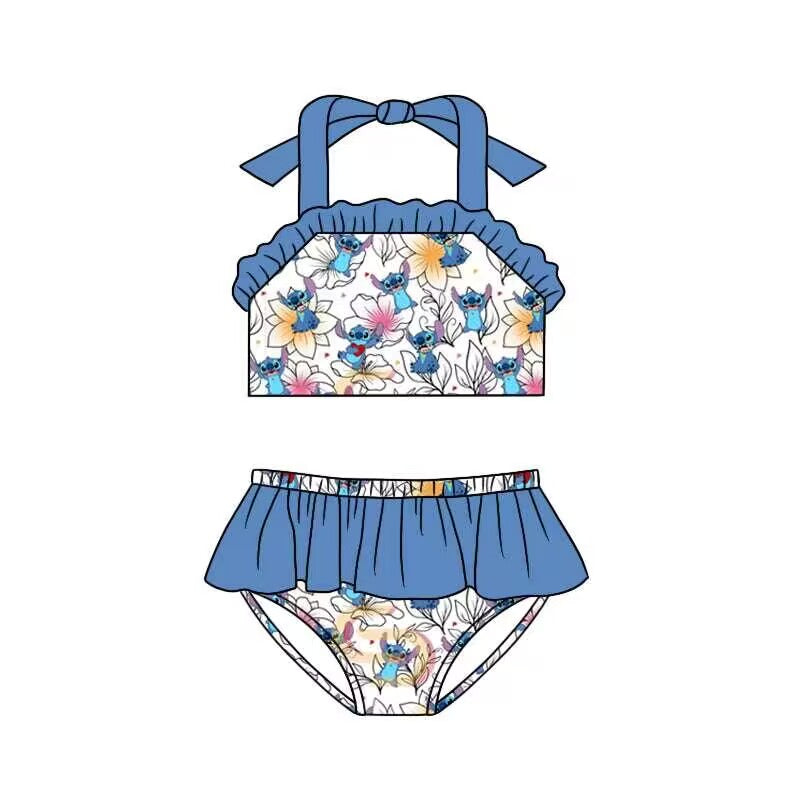 (Custom Design Preorder MOQ 5) Blue Cartoon Animals Print Girls 2 Pieces Swimsuits