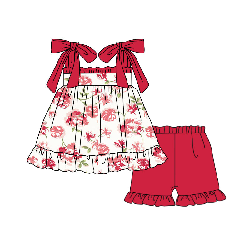 (Custom Design Preorder MOQ 5) Red Flowers Top Ruffle Shorts Girls Summer Clothes Set