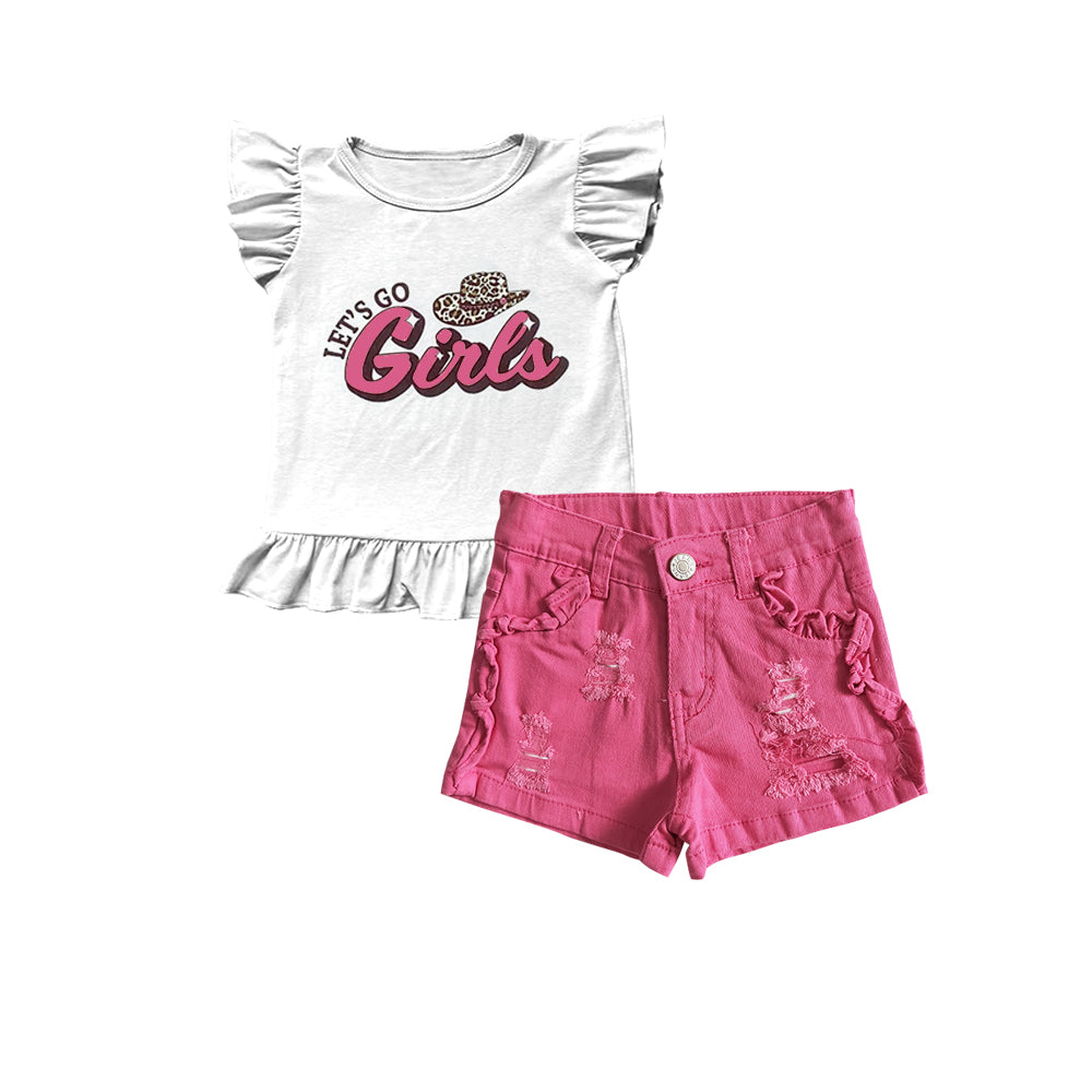 (Custom Design Preorder MOQ 5) Let's Go Girls Top Pink Ruffle Shorts Girls Summer Western Clothes Set
