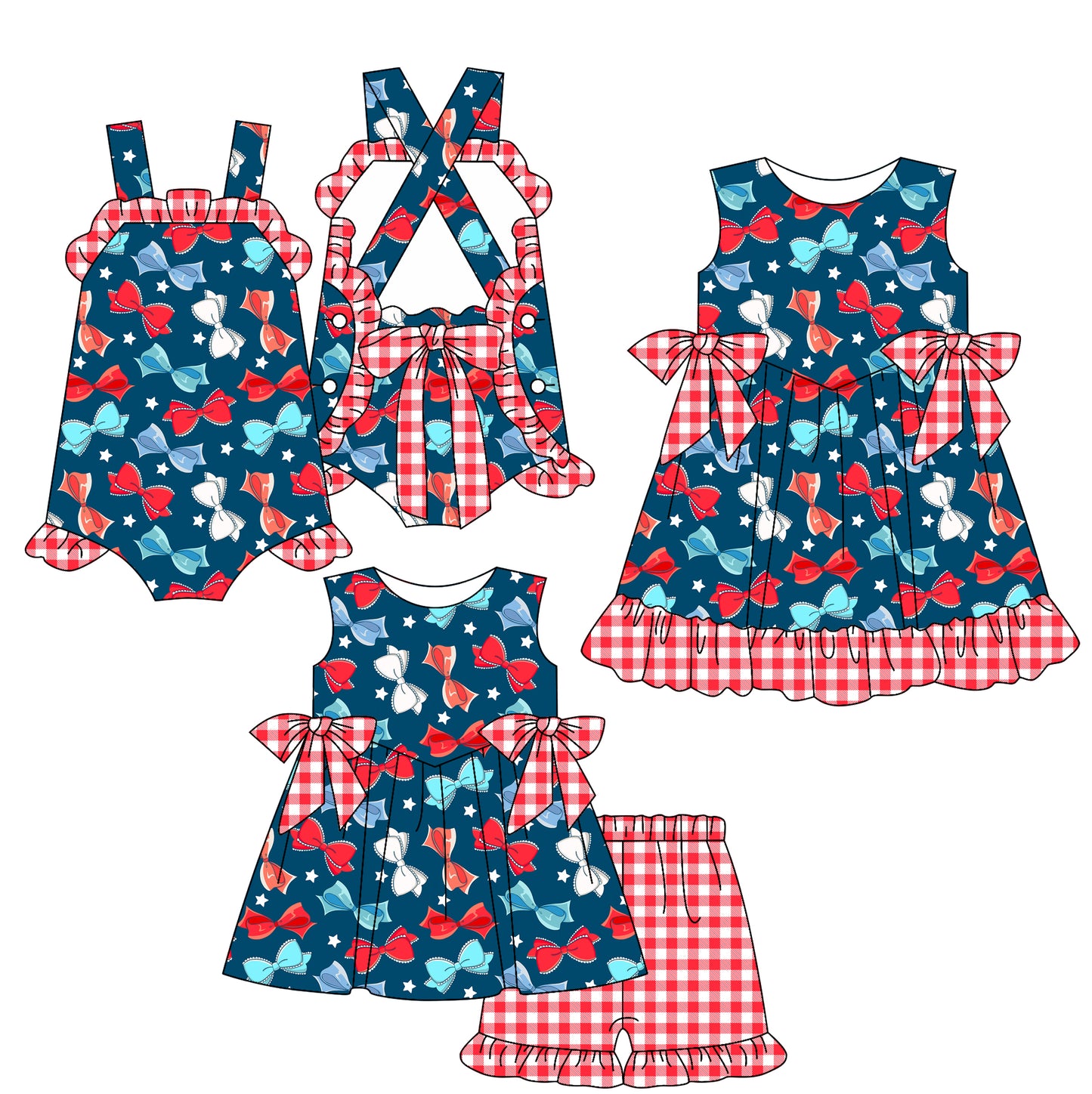 2.24(Custom Design Preorder MOQ 5 Each Design) Red Blue Bows Stars Print Girls 4th of July Matching Clothes Sisters Wear