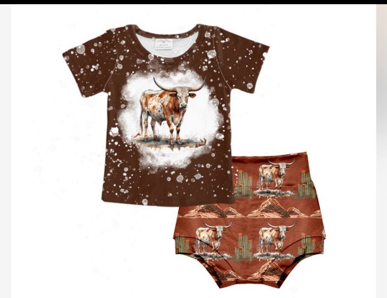 (Custom Design Preorder MOQ 5) Cows Brown Print Shorts Baby Girls Summer Western Bummie Set