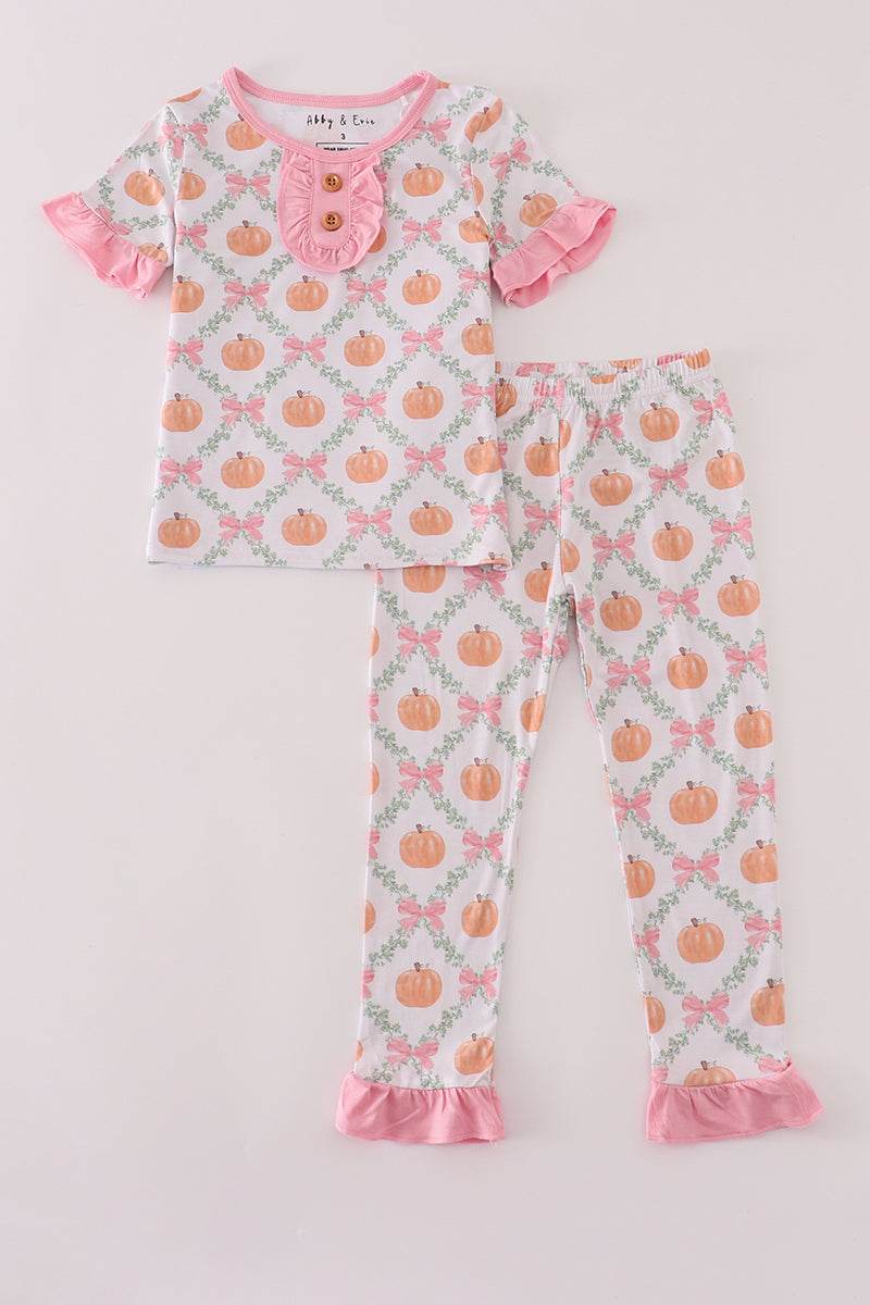 (Custom Design Preorder MOQ 5) Pumpkin Pants Girls Fall Pajamas Clothes Set
