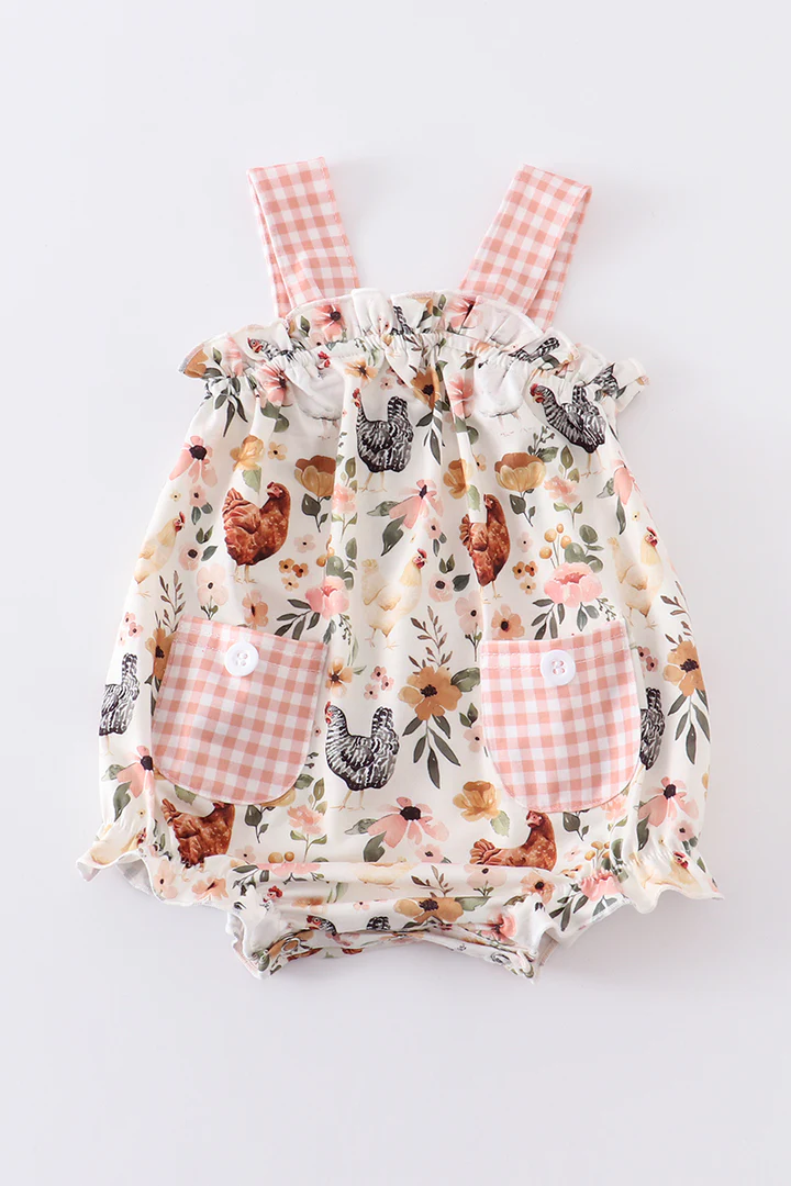 (Custom Design Preorder MOQ 5) Chicken Flowers Print Baby Girls Pockets Romper