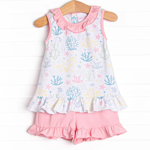(Custom Design Preorder MOQ 5) Seaweed Top Pink Shorts Girls Summer Clothes Set