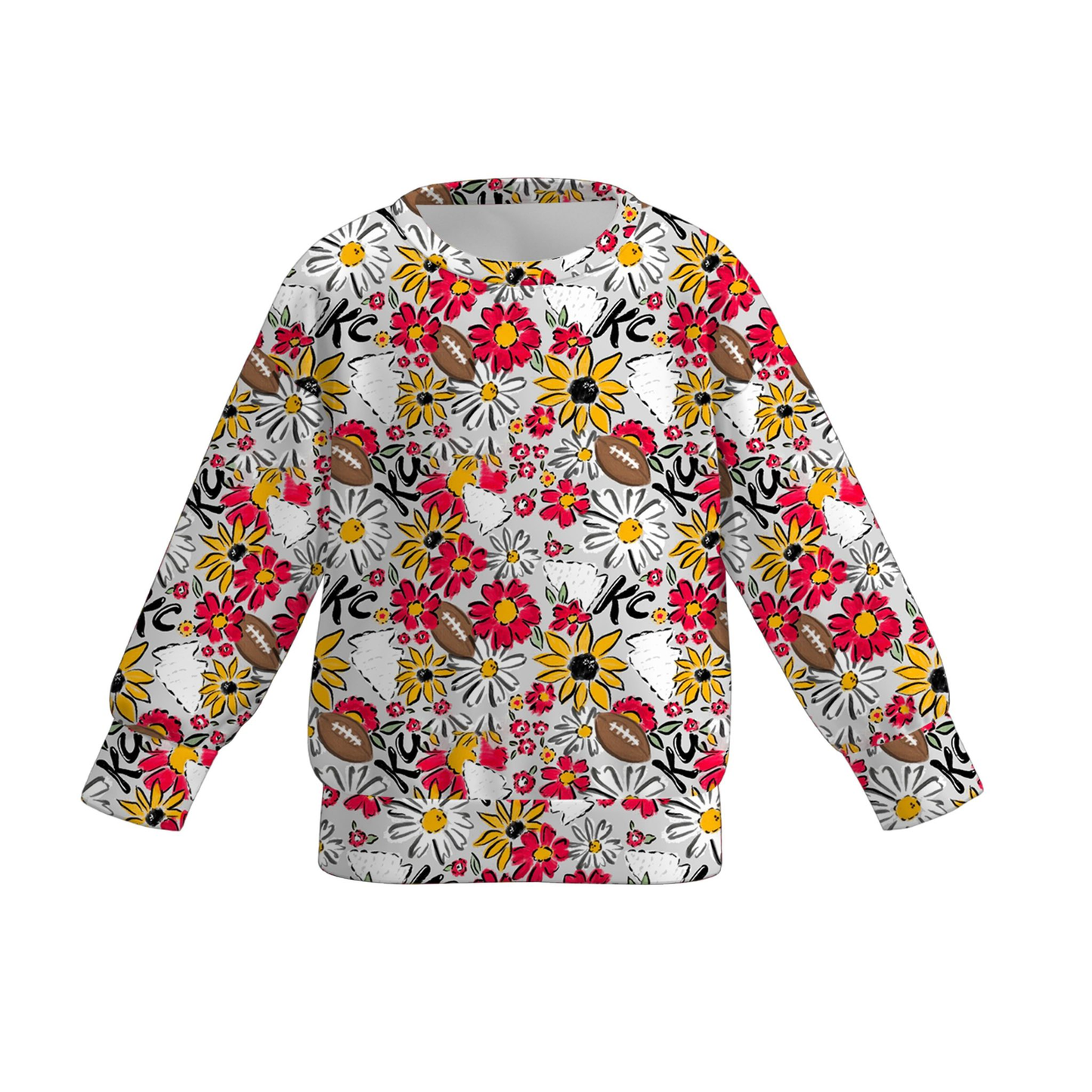 (Custom Design Preorder MOQ 5 ) Team's Chiefs KC Flowers Print Girls Long Sleeve Tee Shirts Top