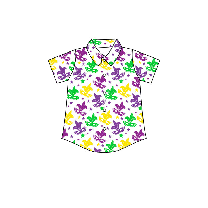(Custom Design MOQ 5) NO.11 Mask Mardi Gras Boys Button Tee Shirts Top