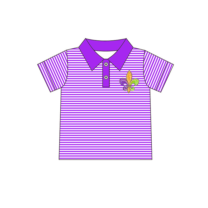 (Custom Design MOQ 5) NO.19 Purple Stripes Mardi Gras Boys Polo Tee Shirts Top
