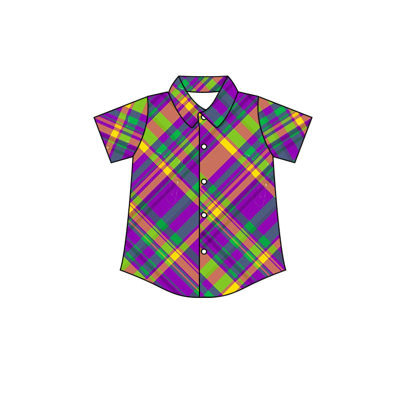 (Custom Design MOQ 5) NO.1 Purple Plaid Mardi Gras Boys Button Tee Shirts Top