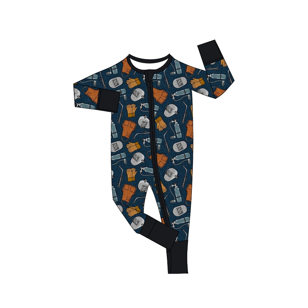 (Custom Design Preorder MOQ 5) Welder Tool Print Baby Boys Fall Sleeper Zipper Romper