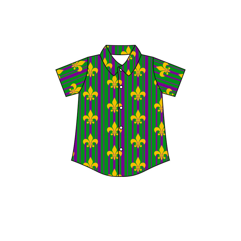 (Custom Design MOQ 5) NO.3 Green Mardi Gras Boys Button Tee Shirts Top