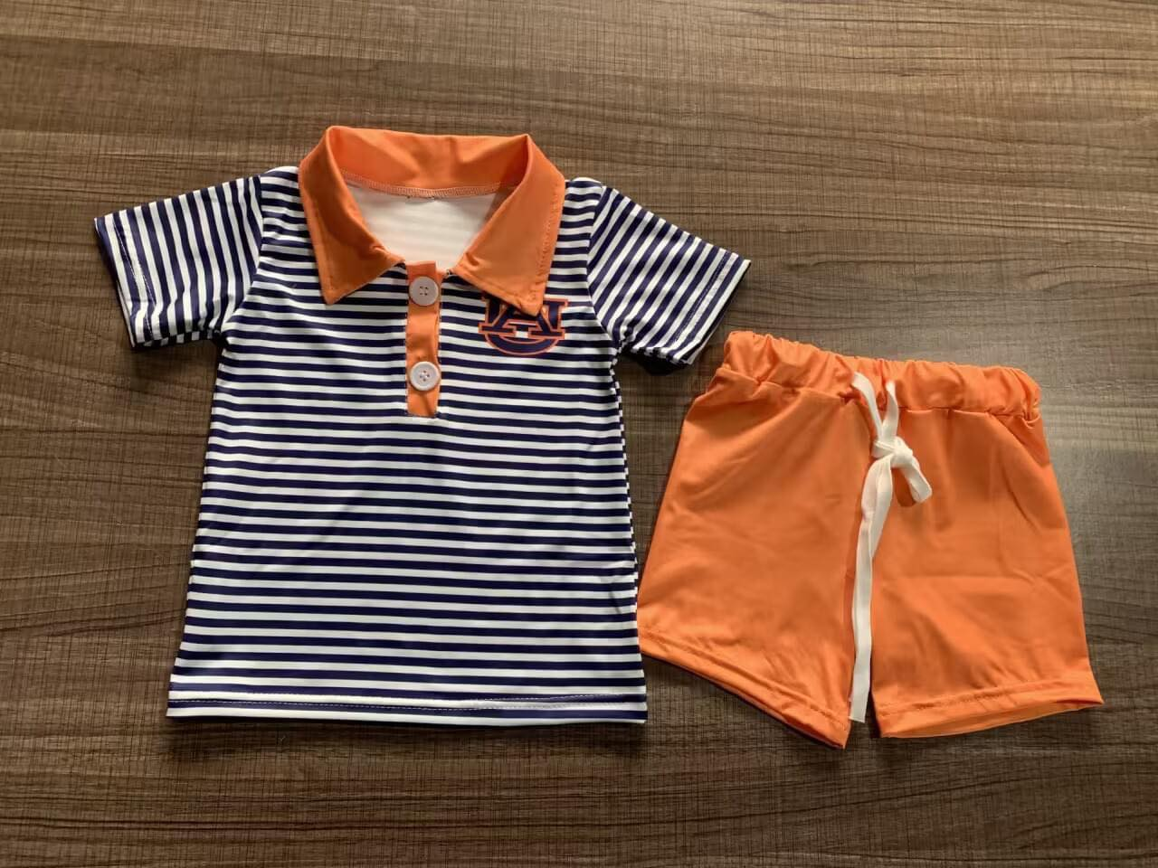 (Custom Design MOQ 5) Football team's black stripes print boys summer clothes set NO.4