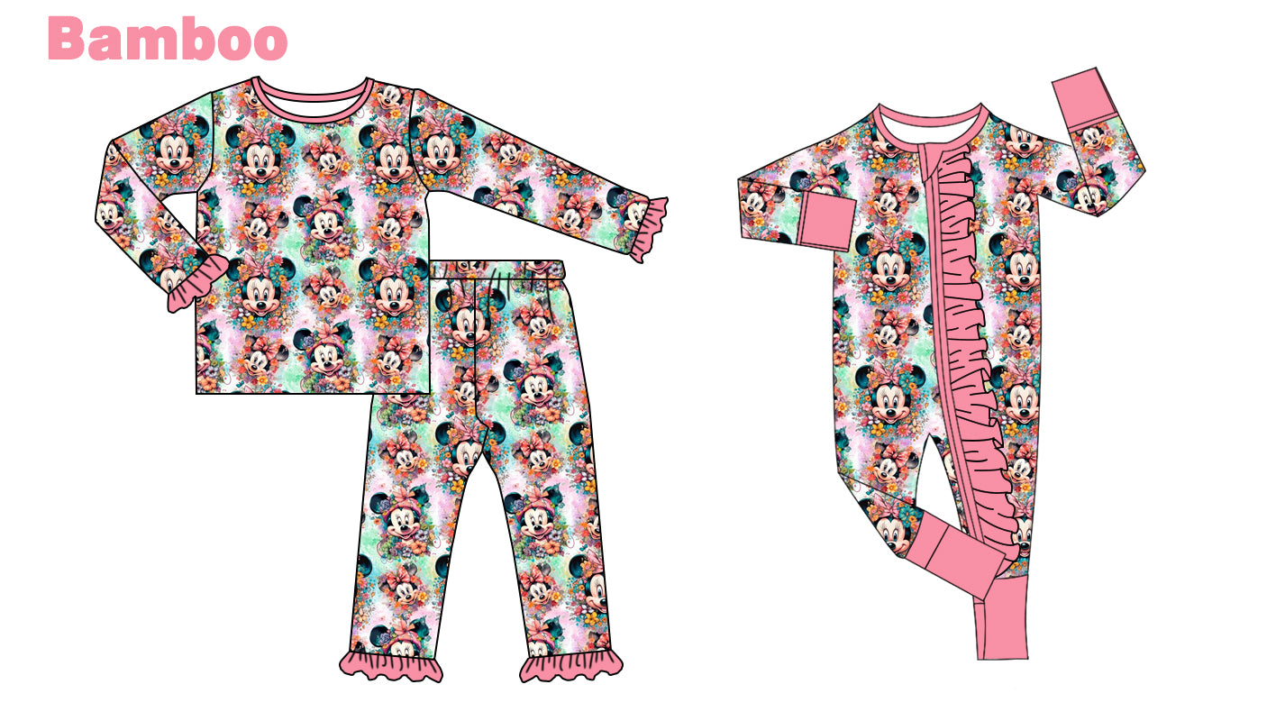 (Custom Design Preorder MOQ 20 Each Design) Cartoon Mouse Flowers Print Girls Pajamas Matching Bamboo Clothes Sisters Wear