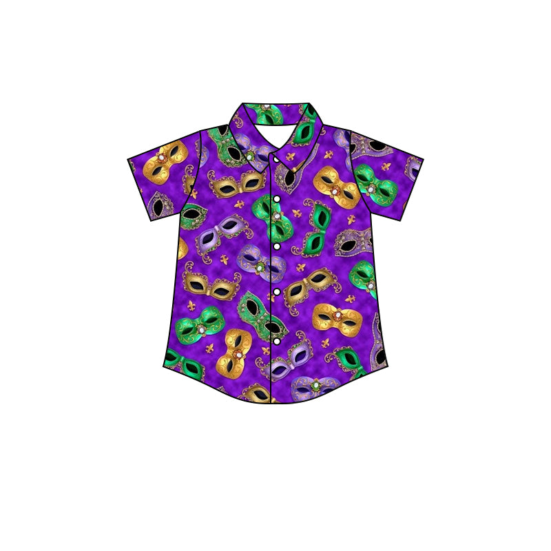 (Custom Design MOQ 5) NO.6 Purple Mask Mardi Gras Boys Button Tee Shirts Top