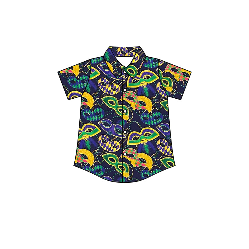 (Custom Design MOQ 5) NO.7 Yellow Mask Mardi Gras Boys Button Tee Shirts Top