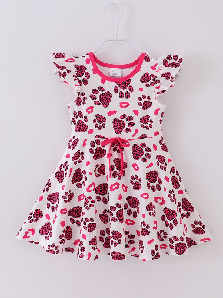 (Custom Design Preorder MOQ 5) Hot Pink Pug Footprint Print Girls Knee Length Summer Dress