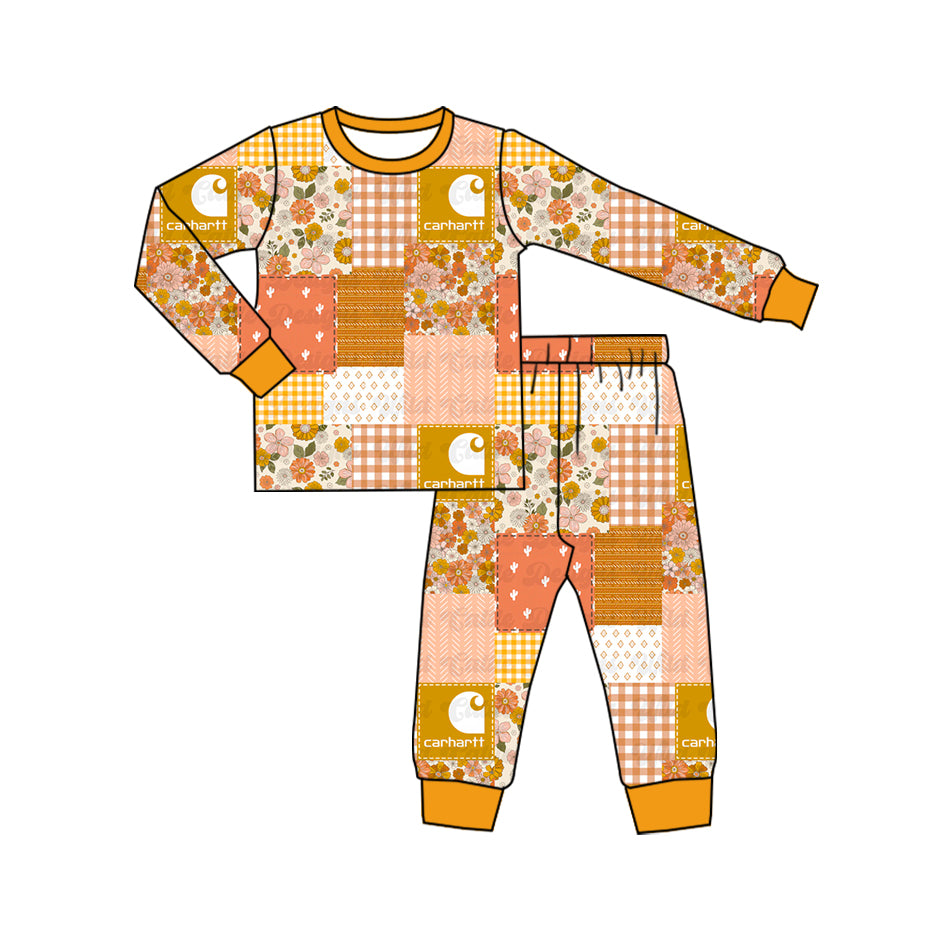 (Custom Design Preorder MOQ 20) Mustard Flowers Shopping Print Girls Fall Pajamas Bamboo Clothes Set