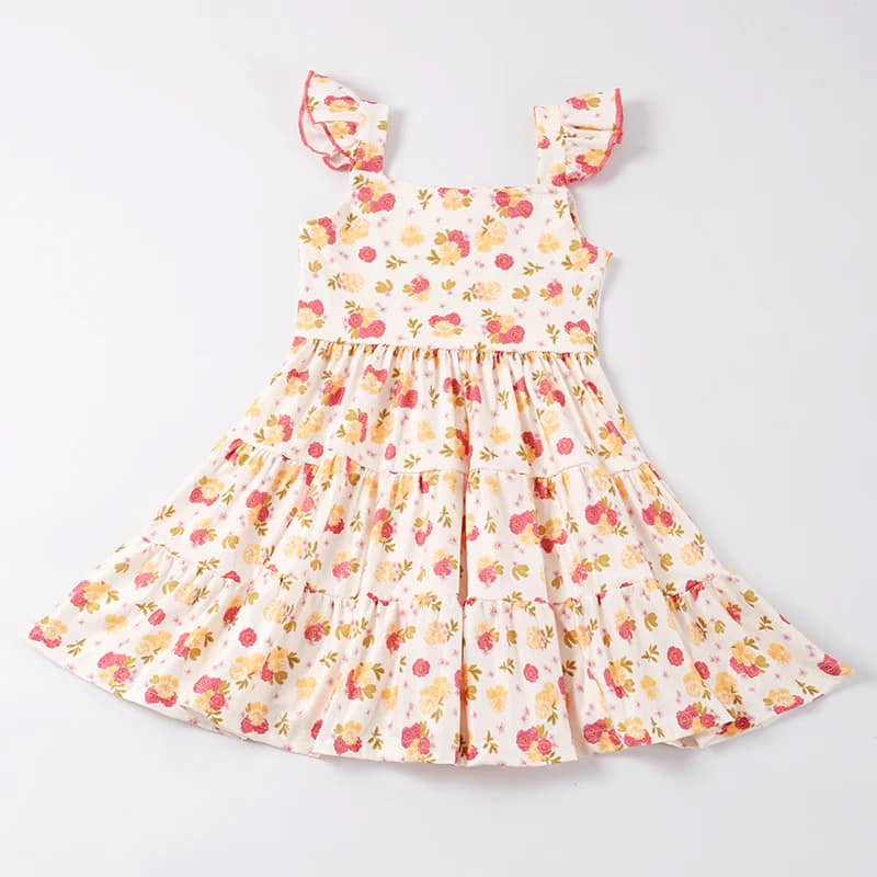 (Custom Design Preorder MOQ 5) Mustard Flowers Print Girls Knee Length Summer Dress