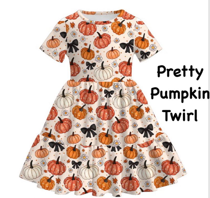 (Custom Design Preorder MOQ 5 ) Pumpkin Flowers Print Girls Halloween Knee Length Dress