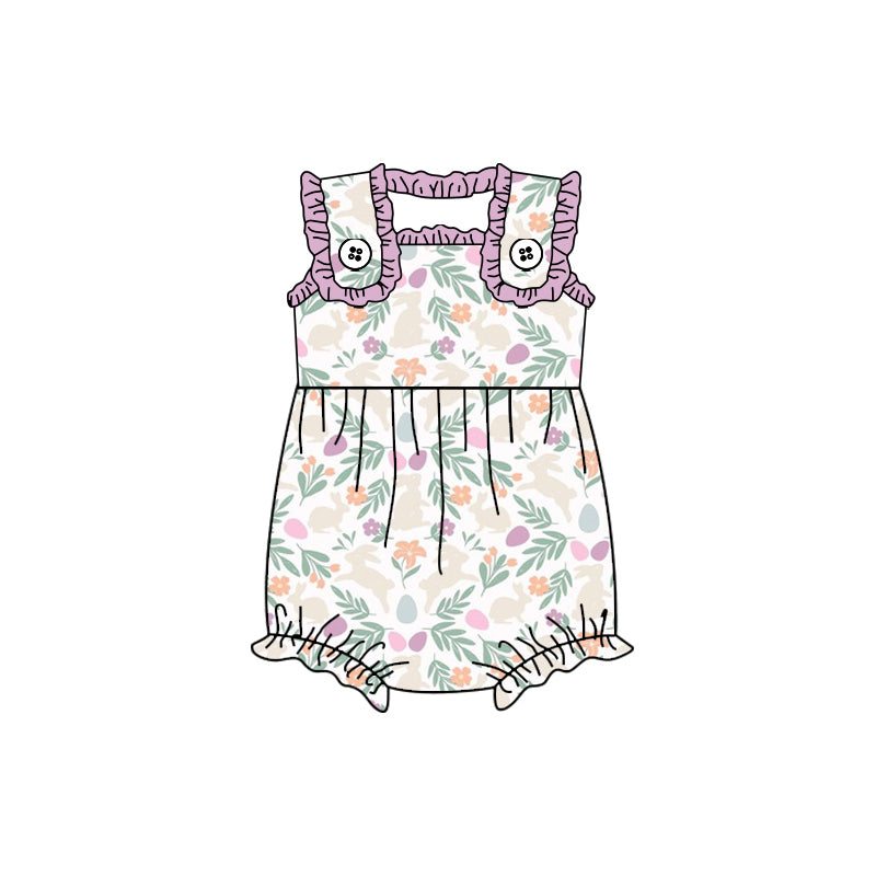 (Custom Design Preorder MOQ 5) Bunny Flowers Print Baby Girls Easter Romper