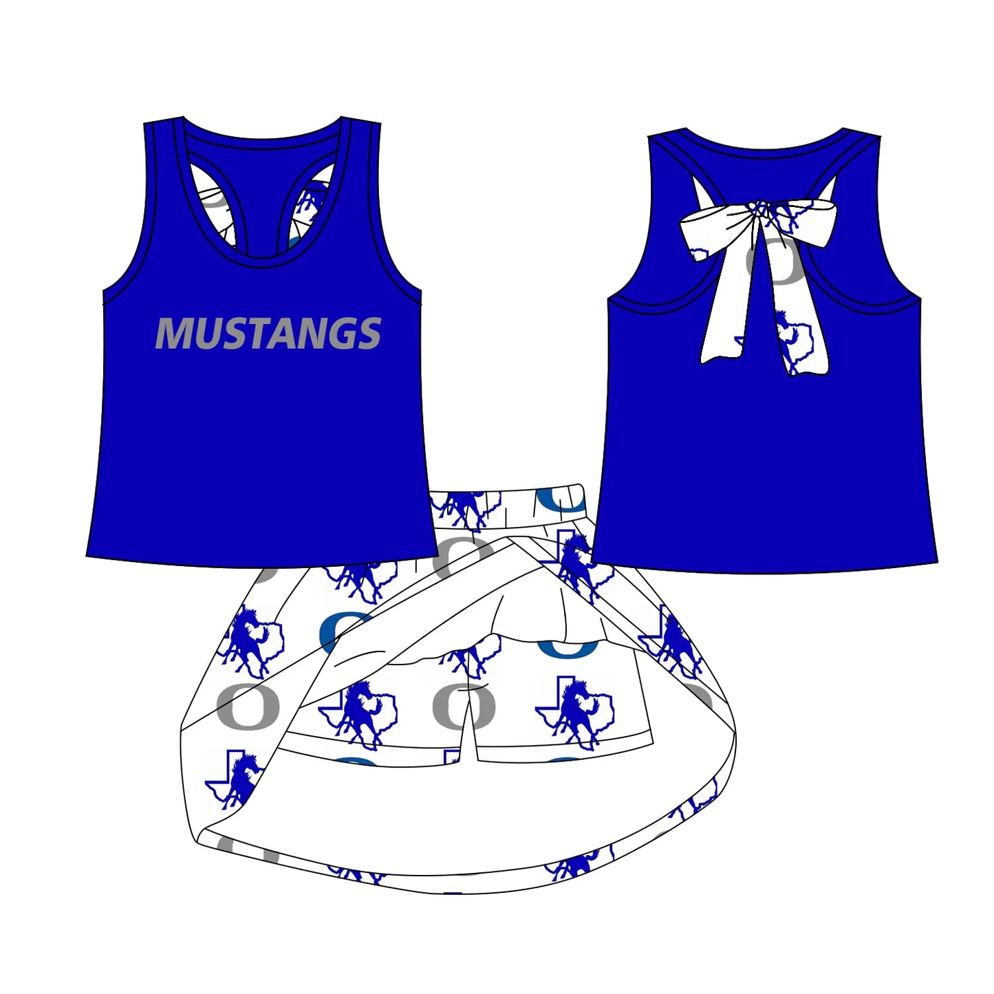 (Custom Design Preorder MOQ 5) Team's MUSTANGS Top Shorts Skirts Girls Summer Clothes Set