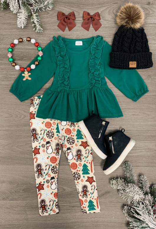 (Custom Design MOQ 5) Green Ruffles Top Gingerbread Legging Pants Girls Christmas Clothes Set