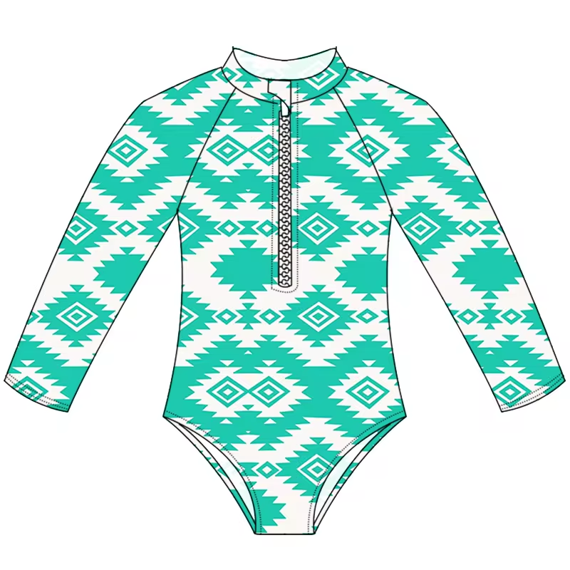 (Custom Design Preorder MOQ 5) Green Aztec Print Girls 1 Piece Long Sleeve Zipper Swimsuits