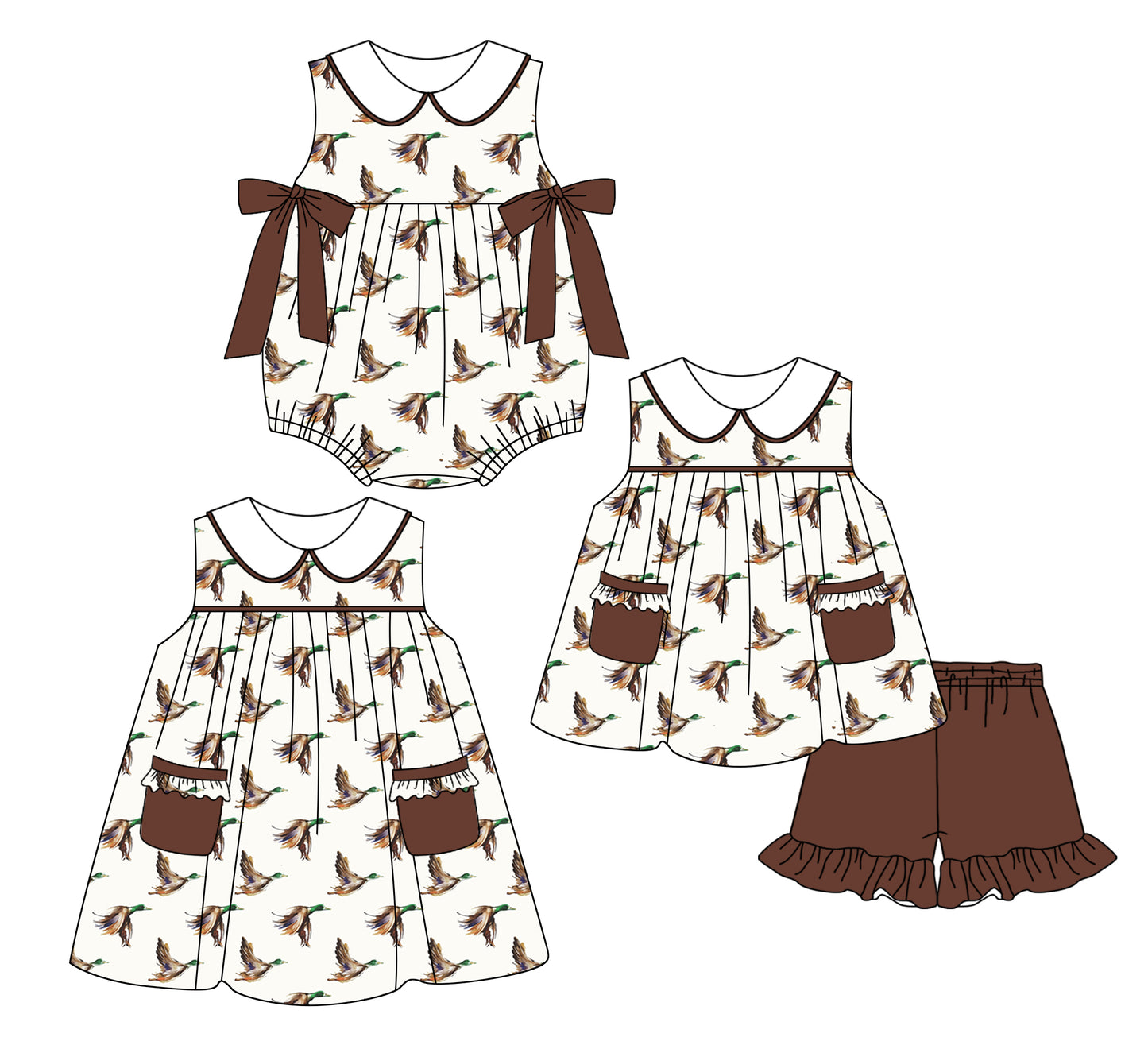 2.22(Custom Design Preorder MOQ 5 Each Design) Duck Brown Print Girls Summer Matching Clothes Sisters Wear